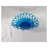 Blue arty glass lattice basket bowl.