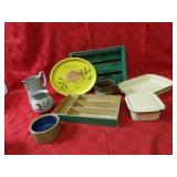 Pottery pitcher crock, utensil trays, misc.