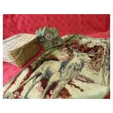 Vintage Deer tapestry, picnic basket, clock.