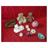 John Deere piggy bank, teddy bears, baseball