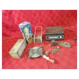 Antique fry cutter w/box, tape measure, misc.