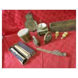 Coffee grinder, drum, sad irons, scale, piano