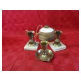 Brass candle holder, pair lamps, stoneware vase