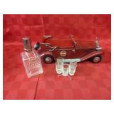 Metal booze car decanter glass set w/glasses.