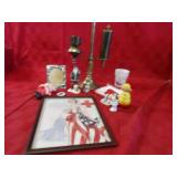 Framed red cross print, brass lamp. misc.