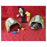 Tin Train tunnels, Mickey Mouse doll, misc toys