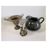 Silver plate vase, cruet set, pottery pitcher