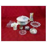 Antique chamber pot, opalescent glass bowl