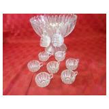 Crystal glass punch bowl, stand, cups.