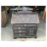 Antique Carved Oak Geometric Green Man Writing