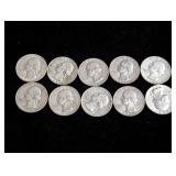(10) 1964-D Washington Silver Quarters