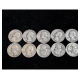 (10) 1950s Washington Silver Quarters