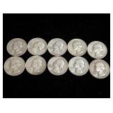 (10) 1950s Washington Silver Quarters