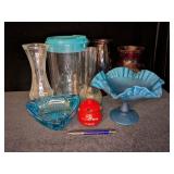 Vases, Plastic Pitcher, Blue Glass Bowls