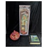 Art Glass Candy Dish, John Deere Book Tin