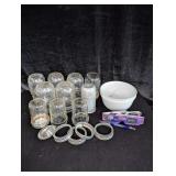 Canning Jars, Corelle Bowls, Tin Cup