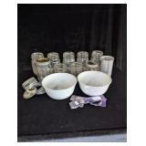 Canning Jars, Corelle Bowls, Tin Cup