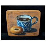Blue Swirl Enamel Mug with Donut on Wood