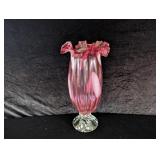 Cranberry Fluted Art Glass Vase - 12"