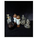 (3) Oil & Vinegar Cruets, Salt Shaker,