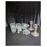 Clear Glass Tumblers, Candle Holder, Old Bottles;