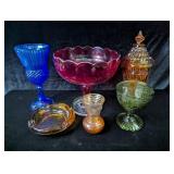 Red Glass Compote, Other Colored Glass Pieces,