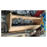 WRENCHES AND MISC TOOLS IN WOODEN CARPENTERS BOX