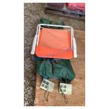 TWO FOLDING COTS AND BEACH CHAIR