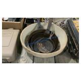 CROCK STONEWARE BOWL AND METAL SKILLETS