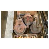 ANTIQUE WOODEN PULLYS AND GRINDING STONE