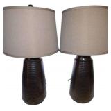 Table Lamps with Ribbed Bases and Beige Drum Shade