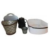 Vintage Metal Lot: Enamel Basin, Galvanized Bucket