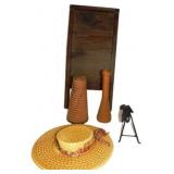 Vintage Washboard, Wooden Spools, Hat Wall Pocket,