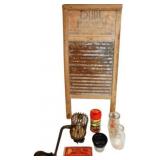 Antique Washboard, Jars, Inkwell, Stove Polish, an