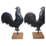 9-Inch Tall Cast Iron Rooster Figurines on Wooden