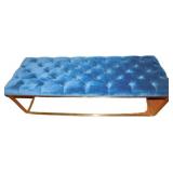 Tufted Blue Velvet Bench with Gold Metal Base, 55x