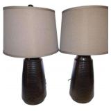 Table Lamps with Ribbed Bases and Beige Drum Shade