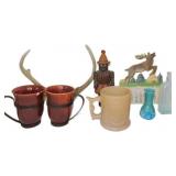 Decorative Items Including Antlers, Mugs, Bottles,