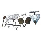 Vintage Garden Tools Including Rakes, Spade, and F