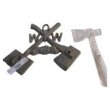 Vintage Iron Fraternal Emblem and Glass Hatchet Se