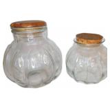 Two Glass Storage Jars With Wooden and Cork Lids,