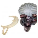 Shell Motif Dish, Moon Decor, and Purple Etched Va
