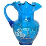 Hand-Blown and Hand-Painted Blue Glass Pitcher wit