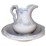 Vintage Ceramic Pitcher and Bowl Set with Blue Det