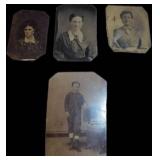 4 Tintype Photographs Featuring Individuals in Per