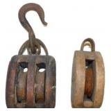Vintage Double and Single Wooden Pulley Blocks wit