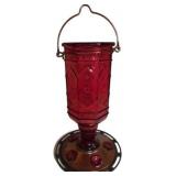 10x6.5 Red Glass and Metal Pedestal Hummingbird Fe