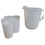 Milk Glass Hobnail Pitcher and Five Matching Tumbl