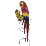 Metal Parrot Sculpture with Floral Design on Stand