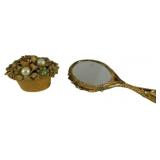 Vintage Gilded Floral Hand Mirror and Lidded Trink
